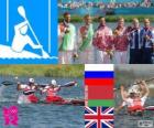 Ανδρικά κανό sprint K2 200 m πόντιουμ, Yury Postrigay, Αλέξανδρος Dyachenko (Ρωσία), Raman Piatrushenka, Vadzim Makhneu (Λευκορωσία) και Liam Heath, Jon Schofield (Ηνωμένο Βασίλειο), Λονδίνο 2012